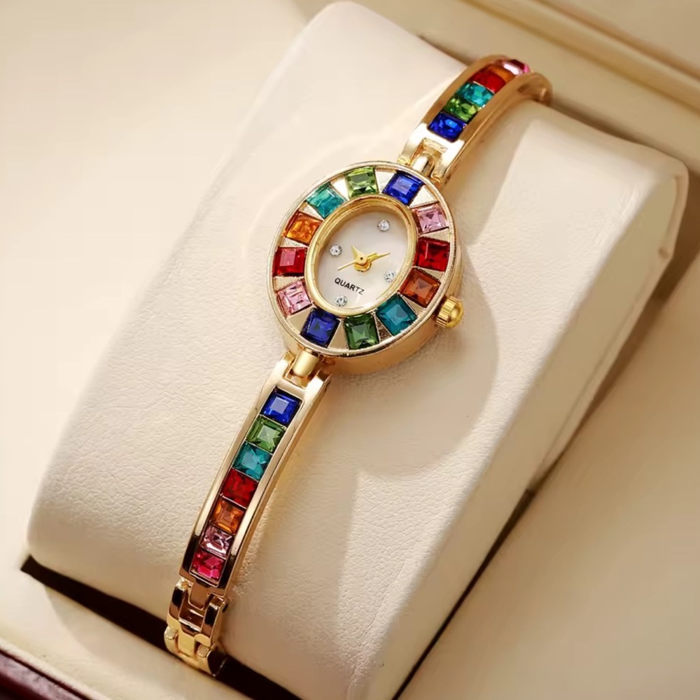 Colorful Gemstone Luxury Stainless Steel Gold-Tone Quartz Watch - Picture 2 of 3